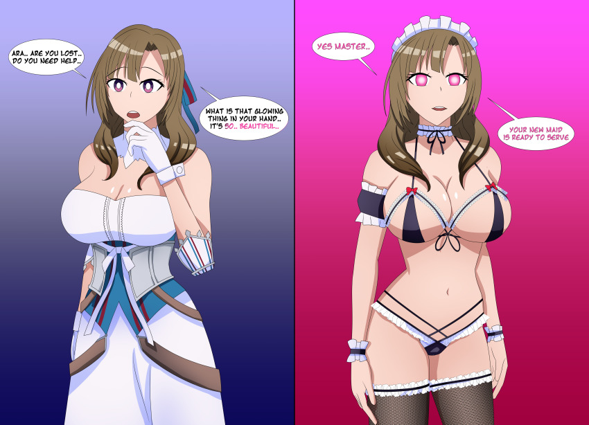 before_and_after blue_eyes breasts brown_hair cleavage do_you_love_your_mom_and_her_two_hit_multitarget_attacks female_only femsub gloves glowing_eyes huge_breasts lingerie looking_at_viewer maid maid_headdress mamako_osuki milf navel panties pink_eyes simple_background soex tagme thighhighs
