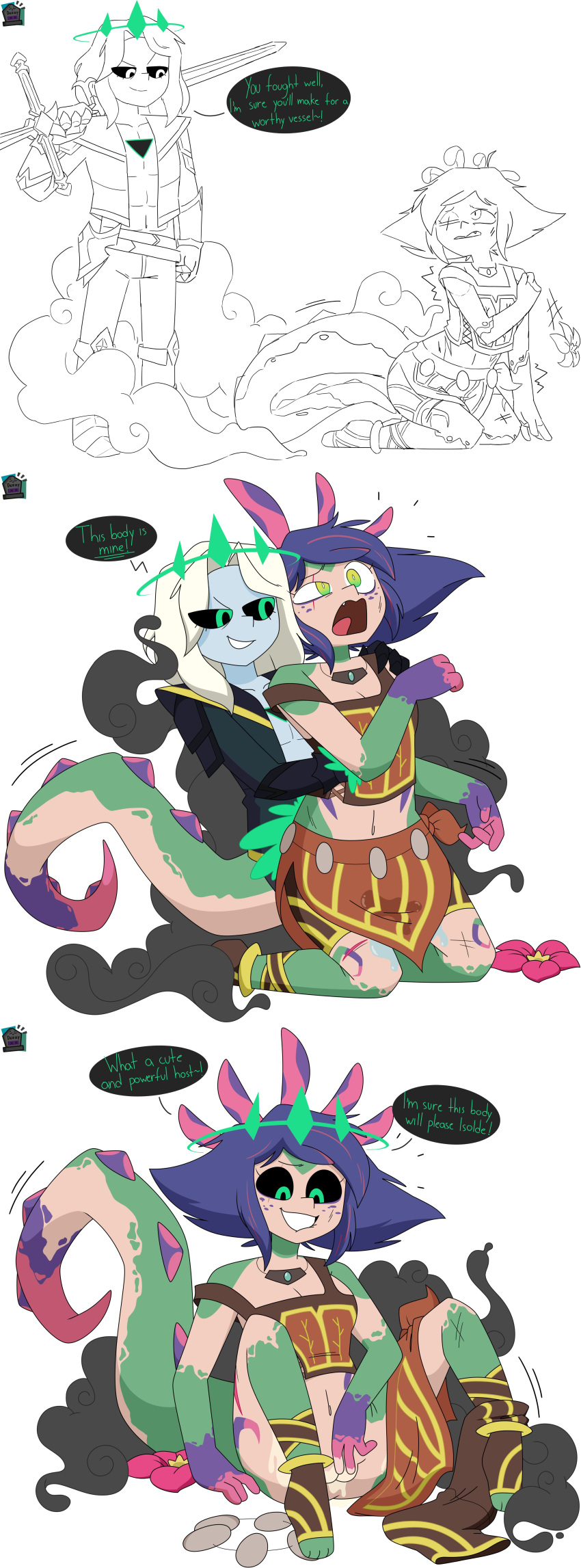 absurdres black_sclera breasts comic control_indicator defeated dez_a_sketch dezzy dialogue english_text eye_color_change femsub green_eyes grey_hair king league_of_legends maledom masturbation midriff multicolored_hair neeko_(league_of_legends) pink_hair possession purple_hair pussy pussy_juice royalty ruination simple_background smile speech_bubble sword tail text viego_(league_of_legends) weapon white_background