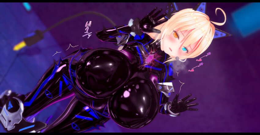 3d ahoge blonde_hair blue_eyes blush bodysuit breasts corruption custom_maid_3d_2 cyan_eyes cyber-sexaroid_(dndniwana3s) electricity erect_nipples erect_nipples_under_clothes fake_animal_ears fake_tail female_only femsub headphones heterochromia huge_breasts japanese_text latex lily_poemer looking_at_viewer microchip open_mouth orange_eyes original rubber solo standing tech_control text trembling