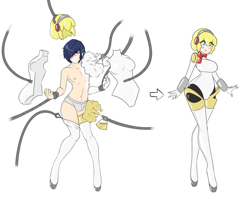 aegis_(persona) before_and_after blonde_hair blue_eyes body_paint breasts bulge dollification dressing feminization happy_trance hypnotic_clothing latex malesub minato_arisato persona_(series) persona_3 resisting sealguy sequence tech_control transformation transgender undressing