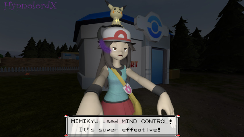 3d brown_hair dazed femsub hat hypnolordx leaf_(pokemon) long_hair mimikyu nintendo open_mouth pokemon pokemon_firered_and_leafgreen source_filmmaker standing standing_at_attention text