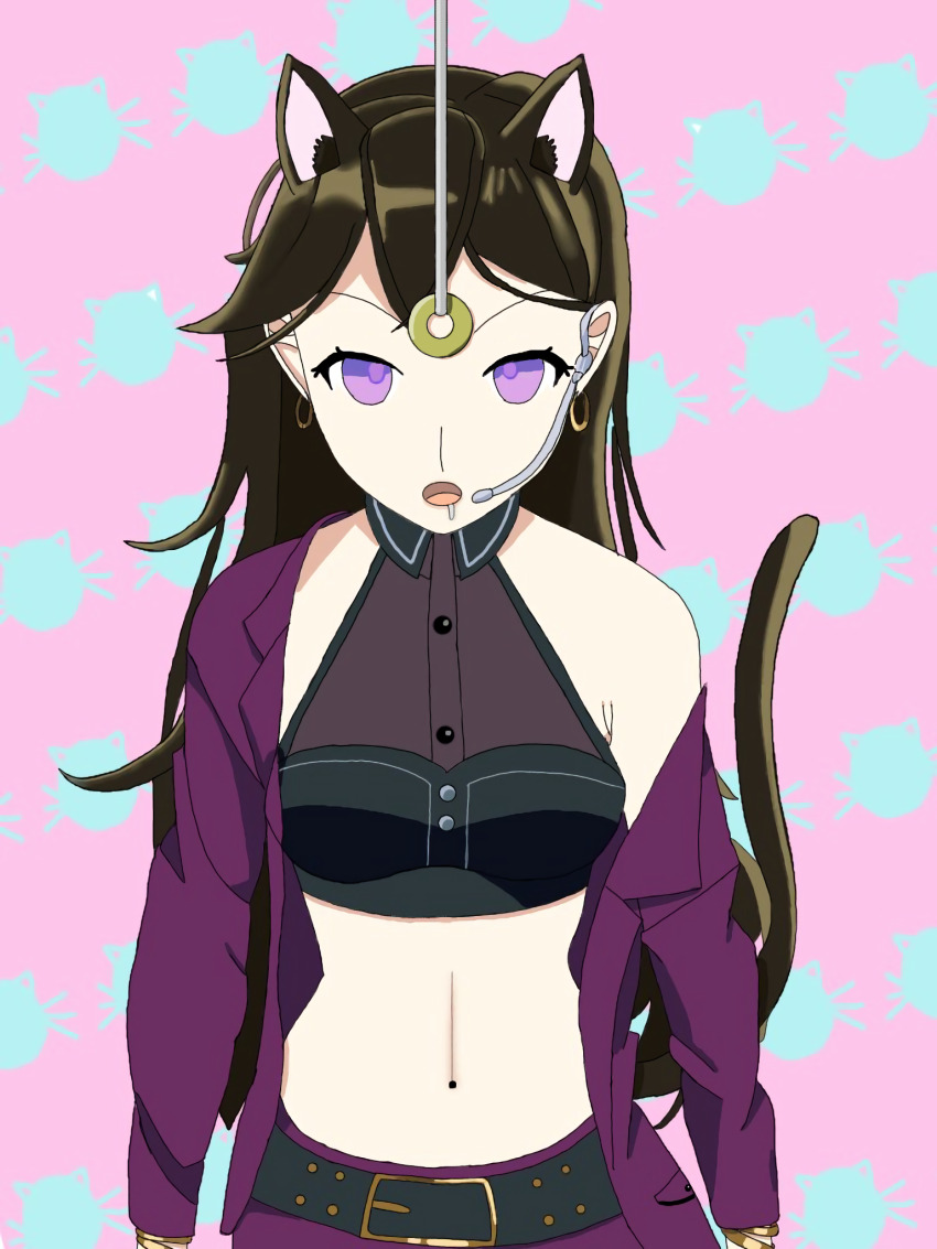 black_hair cat_ears clothed coin dazed drool esbypno female_only femsub find_love_or_die_trying kat_black open_mouth purple_eyes standing tail