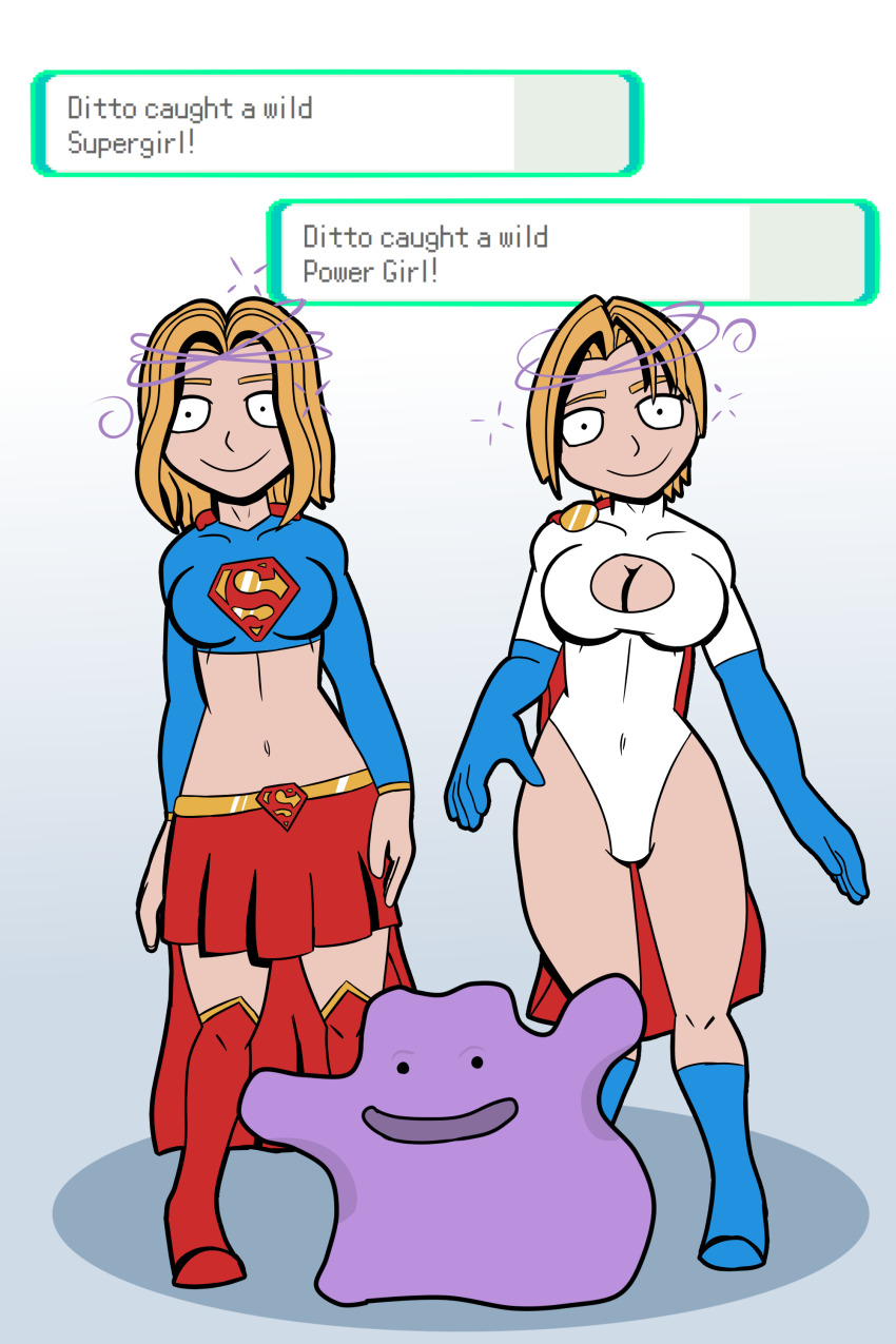 androgynous_dom blonde_hair cleavage color dazed dc_comics ditto english_text femsub gloves happy_trance isankura looking_at_viewer multiple_girls multiple_subs nintendo pokemon power_girl skirt smile standing super_hero supergirl text