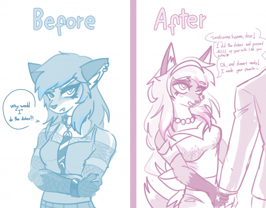 before_and_after bracelet collar crossed_arms dialogue domestication dress earrings feminization femsub fishnets fox_girl furry heart_eyes kaijublue long_hair maledom necklace piercing punk simple_background stepfordization symbol_in_eyes text tomboy white_background