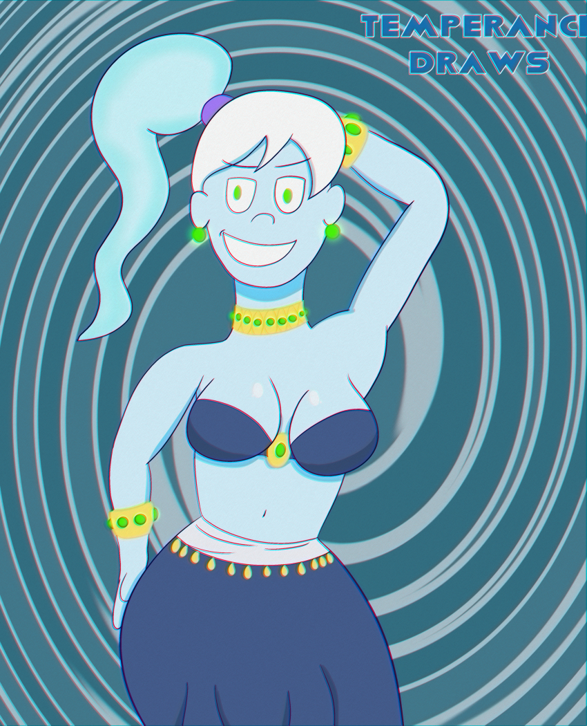 absurdres blue_skin breasts choker clothed earrings female_only femsub ghost ghost_girl glowing glowing_eyes happy_trance harem_outfit hypnotic_clothing jewelry long_hair midriff open_mouth ponytail skirt smile solo sylvia_phantasm_(atomickingboo) temperancedraws white_hair