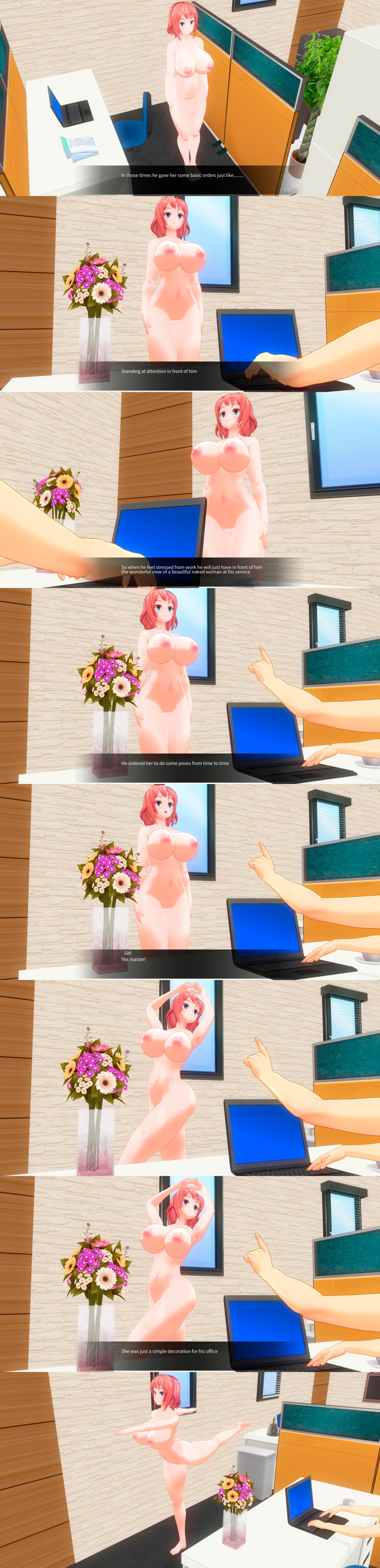 3d barefoot blue_eyes bottomless breasts comic computer custom_maid_3d_2 empty_eyes expressionless feet female_only femsub lolislove nude office pink_hair posing standing standing_at_attention text topless