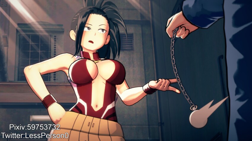 3d aware before_and_after biyo black_eyes black_hair bracelet breasts cleavage clothed hand_on_hip large_breasts long_hair midriff momo_yaoyorozu my_hero_academia open_mouth outdoors pendulum pocket_watch ponytail short_hair signature standing