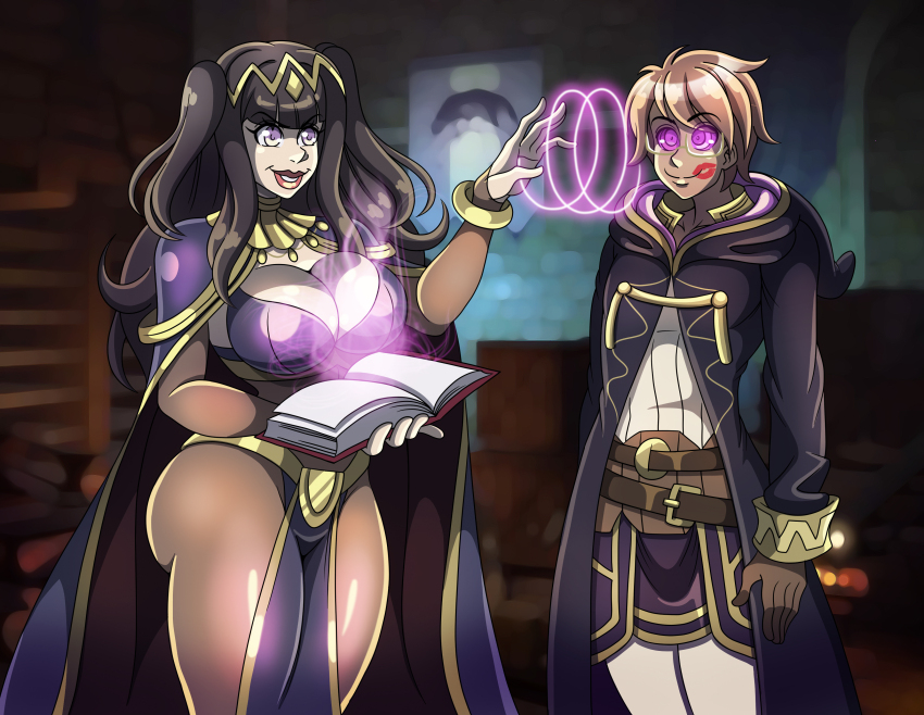 absurdres bangs black_hair book bracelet cleavage cloak evil_smile femdom fingerless_gloves fire_emblem fire_emblem_awakening glasses gloves glowing glowing_eyes happy_trance huge_breasts large_ass lipstick lipstick_mark long_hair magic malesub nintendo original pink_eyes pink_hair purple_eyes ring_eyes robin_(fire_emblem_awakening) short_hair smile spiral_eyes standing standing_at_attention straight-cut_bangs tharja twintails zorro-zero