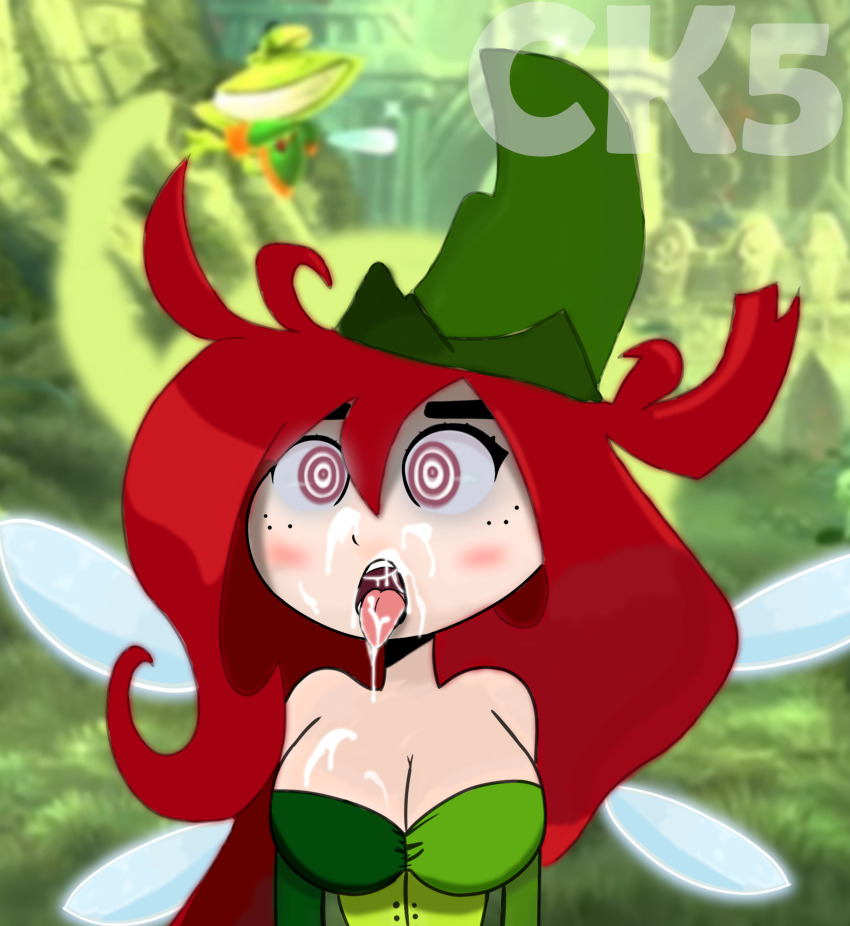 betilla fairy female_only hat hypnotic_eyes large_breasts open_mouth rayman_(series) red_hair spiral_eyes symbol_in_eyes tongue tongue_out very_long_hair wings