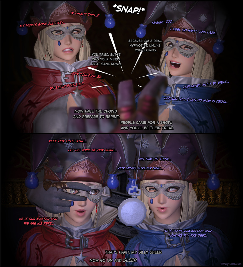 3d blonde_hair blue_jongleur_(final_fantasy_xiv) comic costume english_text femsub final_fantasy final_fantasy_xiv finger_snap happy_trance hat jester maledom mask open_mouth pendulum red_jongleur_(final_fantasy_xiv) short_hair spiral_eyes square_enix stage_hypnosis text tongue tongue_out twins veylumskies watermark