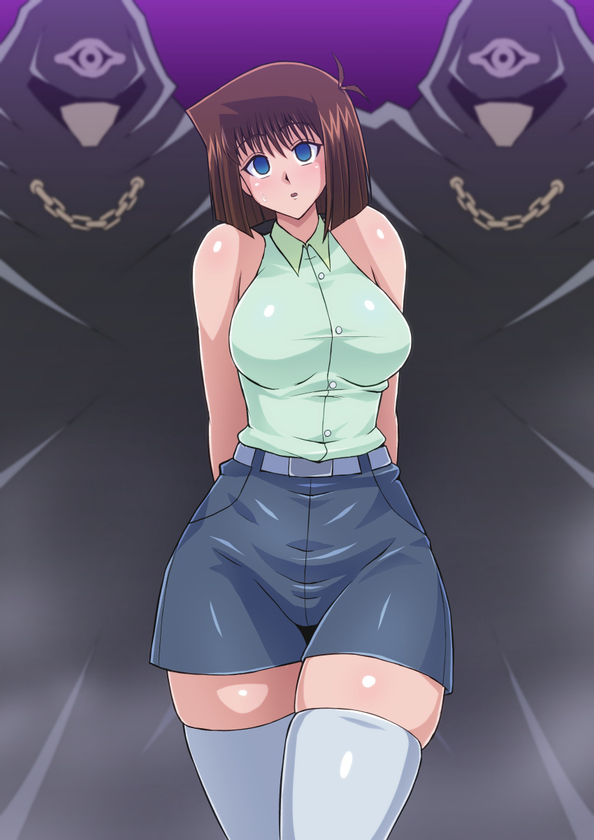 allows_(nun) arms_behind_back bare_shoulders belt blue_eyes brown_hair empty_eyes expressionless femsub high_heels large_breasts maledom multiple_boys multiple_doms nun_(artist) shirt short_hair shorts socks tea_gardner thick_thighs thighhighs trapped yu-gi-oh!