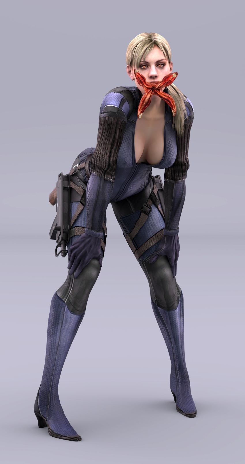 3d blonde_hair bobyshal bodysuit breasts capcom cleavage erect_nipples erect_nipples_under_clothes female_only femsub glowing glowing_eyes grey_background jill_valentine large_breasts looking_at_viewer nightmare_fuel open_clothes orange_eyes parasite ponytail posing resident_evil resident_evil_5 simple_background solo weapon