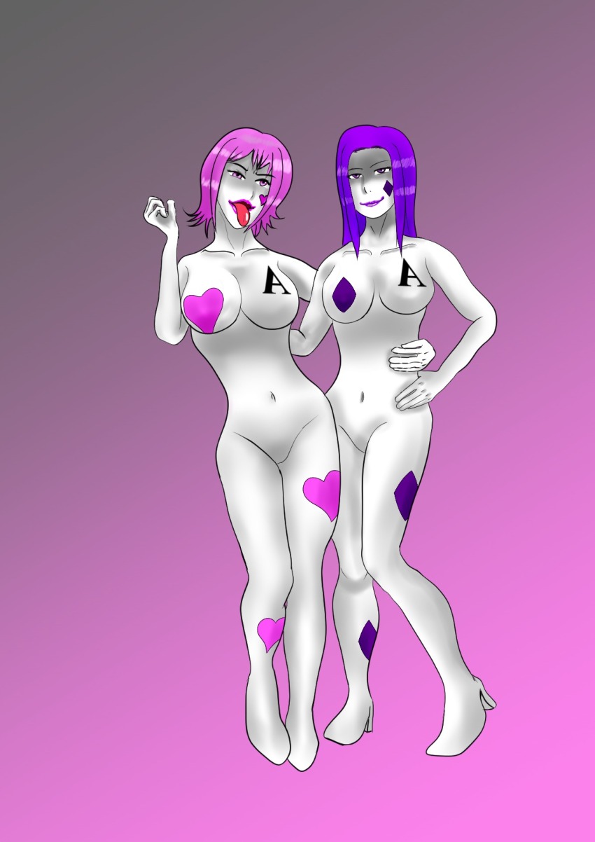 bodysuit boots breasts copyright_request corruption empty_eyes face_paint high_heels howling_(artist) huge_breasts lipstick long_tongue navel open_mouth pink_hair purple_eyes purple_hair short_hair simple_background tongue tongue_out