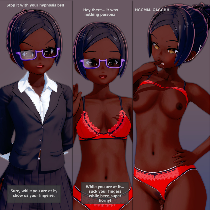 3d absurdres bare_legs bare_shoulders before_and_after black_hair blush booru505 bottomless bra breasts brown_eyes brown_hair clothed collarbone dark_skin dialogue drool empty_eyes female_only femdom femsub finger_in_mouth glasses hand_on_hip koikatsu! large_breasts long_hair mantra navel nipples nude open_mouth original panties ponytail purple_background pussy short_hair simple_background smile speech_bubble standing text thighhighs thought_bubble topless
