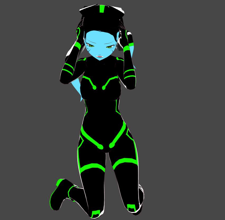 3d alien alien_girl ben_10 blue_skin bodysuit character_request corruption crossover empty_eyes female_only femsub glowing green_eyes grey_background kneeling mask open_mouth resisting simple_background solo star_wars symbiote symbioticjoako tech_control upgrade_(ben_10)