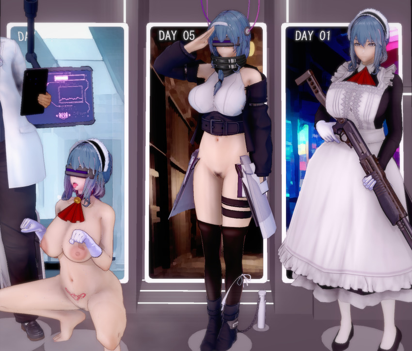 3d afscd arm_warmers bare_shoulders before_and_after blue_hair boots bottomless breasts cables chains clothed_exposure collar crotch_tattoo dp-12_(girls_frontline) dress drool expressionless femsub garter girls_frontline gloves grey_eyes gun koikatsu! lab_coat large_breasts maid maid_headdress maledom midriff navel nipples open_mouth pubic_hair right_to_left saluting sequence shoes short_hair squatting standing standing_at_attention tattoo tech_control text thighhighs tie tongue tongue_out topless underwear visor weapon wires