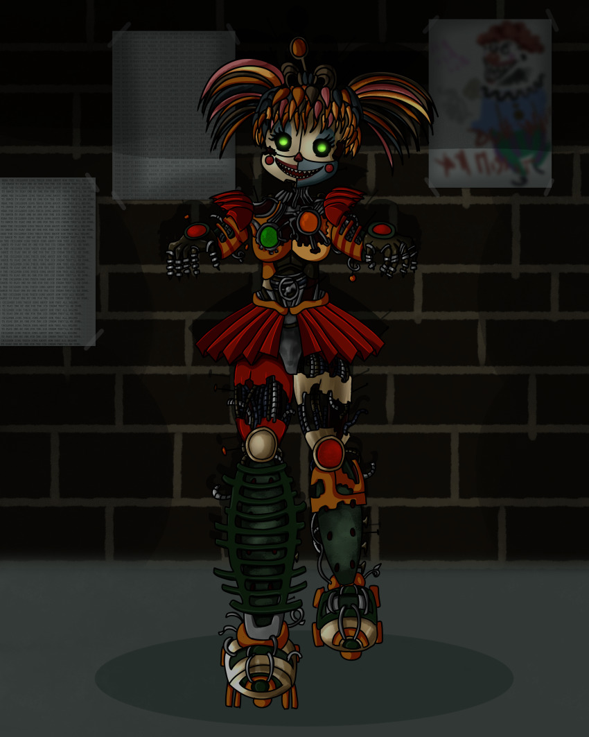 absurdres blackwidowx circus_baby empty_eyes female_only five_nights_at_freddy's freddy_fazbear's_pizzeria_simulator glowing glowing_eyes green_eyes happy_trance hypnotic_eyes looking_at_viewer multicolored_hair nightmare_fuel pov pov_sub robot scrap_baby spoilers zombie_walk