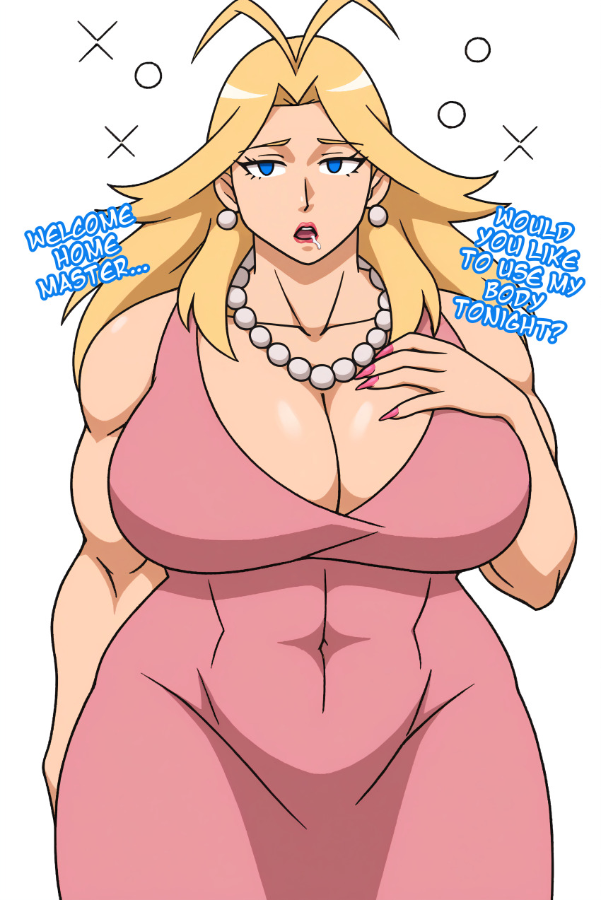 ai_art blonde_hair blue_eyes cathleen_bate cleavage collarbone dress drool earrings empty_eyes expressionless female_only femsub huge_breasts lipstick long_hair long_nails looking_at_viewer maledom manip minimimic_(generator) minimimic_(manipper) muscle_girl my_hero_academia nail_polish necklace open_mouth simple_background stable_diffusion_(ai) text white_background