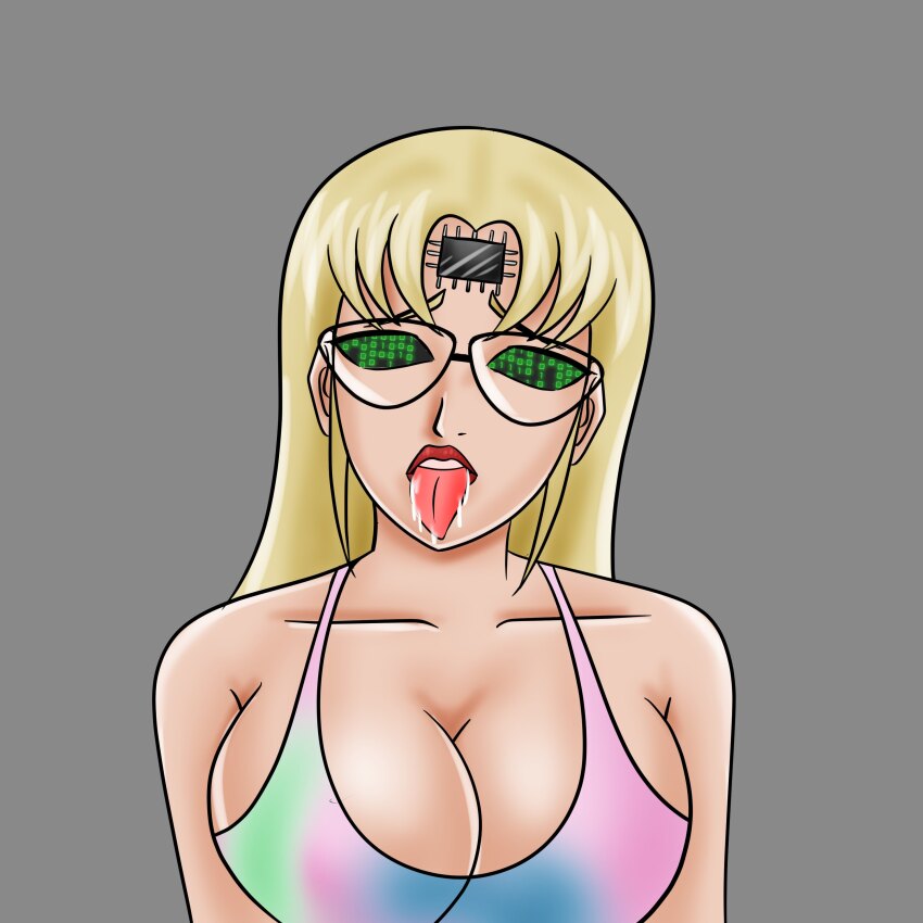 absurdres aurora_(jabberwocky) binary_eyes cleavage collarbone drool female_only femsub glasses microchip original tech_control thejrox tongue tongue_out