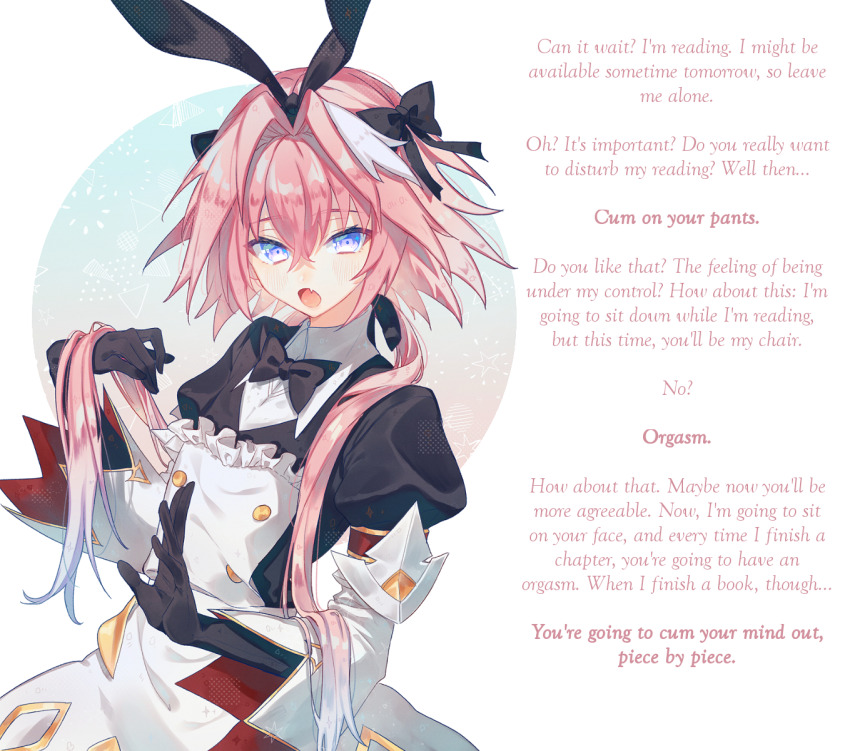 androgynous astolfo_(fate/grand_order) bunny_ears caption caption_only crossdressing cumming_out_brain fate/grand_order fate_(series) femboy glowing glowing_eyes hypnofyre_(manipper) long_hair maid maledom manip orgasm_command pink_hair pov pov_sub purple_eyes text trap yuno_tsuitta