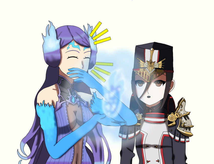 absurdres black_hair blue_hair breasts brighid_(xenoblade) brown_eyes clothed dazed empty_eyes esbypno female_only femdom femsub hypnotic_fire mòrag_ladair multiple_girls nintendo open_mouth simple_background standing white_background xenoblade_chronicles xenoblade_chronicles_2