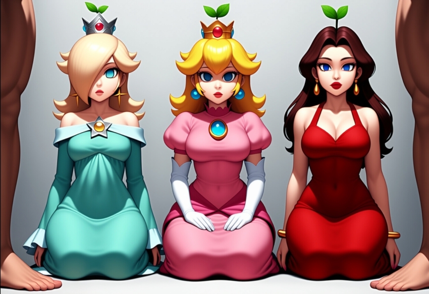 ai_art blonde_hair brown_hair earrings empty_eyes femsub floro_sprout hellsing002_(generator) kneeling nail_polish nintendo paper_mario parasite pauline plant princess_peach princess_rosalina super_mario_bros. super_paper_mario