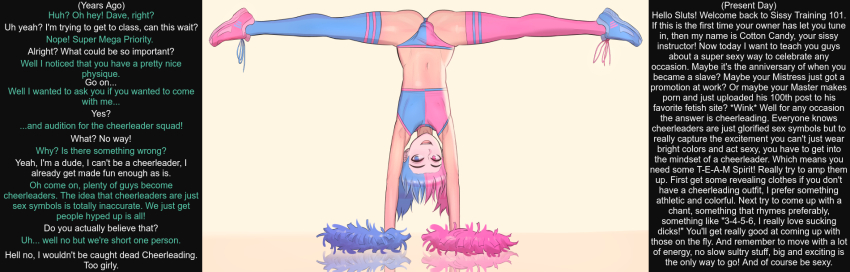 androgynous armpits bdoneart blue_eyes blue_hair bulge cheerleader cotton_candy_(jjmayoboy) crossdressing feminization happy_trance heterochromia jjmayoboy_(manipper) male_only malesub manip midriff multicolored_hair navel open_mouth original pink_eyes pink_hair reflection short_hair smile solo text thighhighs tongue trap twintails yoga