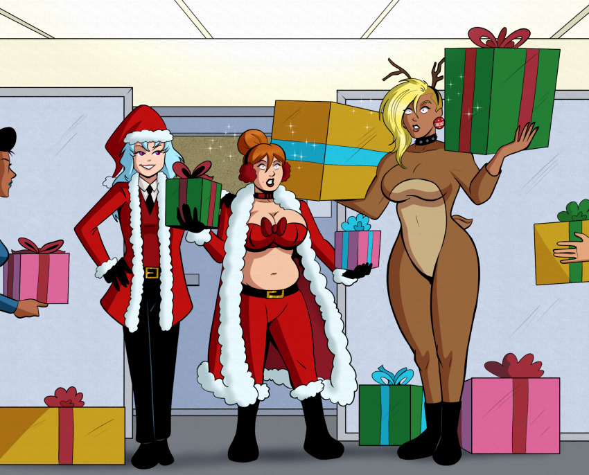 antlers ash_(svettak92) blonde_hair blue_hair blueshift_(polmanning) christmas dark_skin dazed earmuffs earrings female_only femdom femsub flat_chest gift headband huge_breasts midriff milf ms._saturday_(svettak92) muscle_girl original pink_eyes polmanning red_hair reindeer_girl santa_costume santa_hat sidecut single_hair_bun suit svetta_(svettak92)