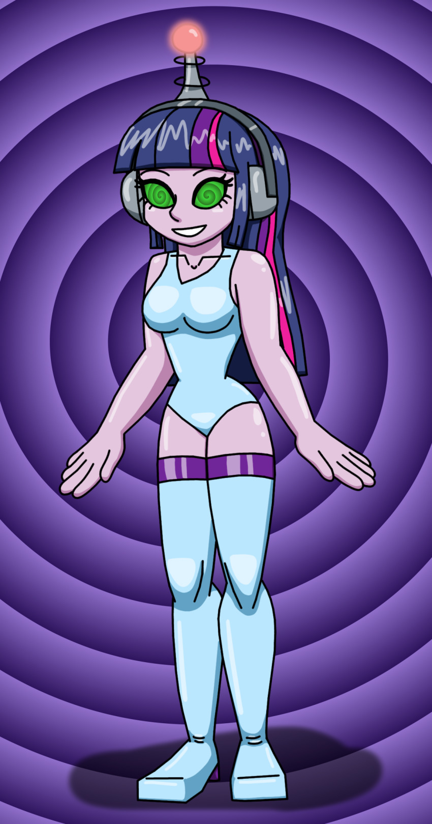 antenna breasts equestria_girls female_only fembot femsub happy_trance headphones hypnotic_accessory large_breasts latex leotard long_hair looking_at_viewer multicolored_hair my_little_pony purple_skin robot robotization smile solo spiral_eyes standing standing_at_attention straight-cut_bangs supertechno324 symbol_in_eyes tech_control thigh_boots twilight_sparkle western