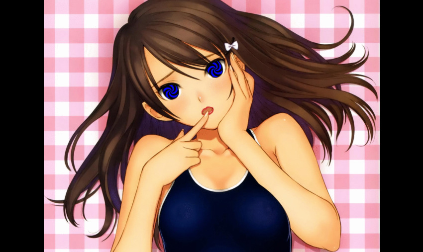 animated animated_eyes_only animated_gif bow brown_hair finger_to_mouth hair_ribbon hairpin lipstick long_hair lying manip masakakikairi_(manipper) on_back one-piece_swimsuit open_mouth original ribbon school_swimsuit solo spiral_eyes swimsuit symbol_in_eyes tony_taka