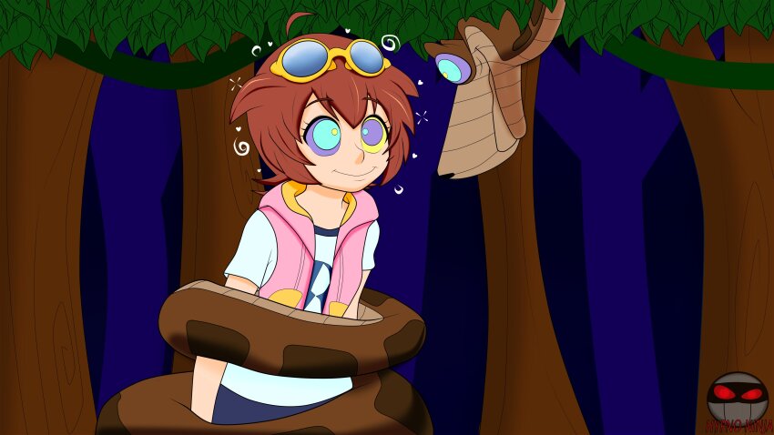 absurdres beyblade_(series) clothed coils disney femsub glasses_on_head happy_trance heart hypno_ninja hypnotic_eyes kaa kaa_eyes madoka_amano outdoors restrained shirt signature smile snake sparkle spiral the_jungle_book vest