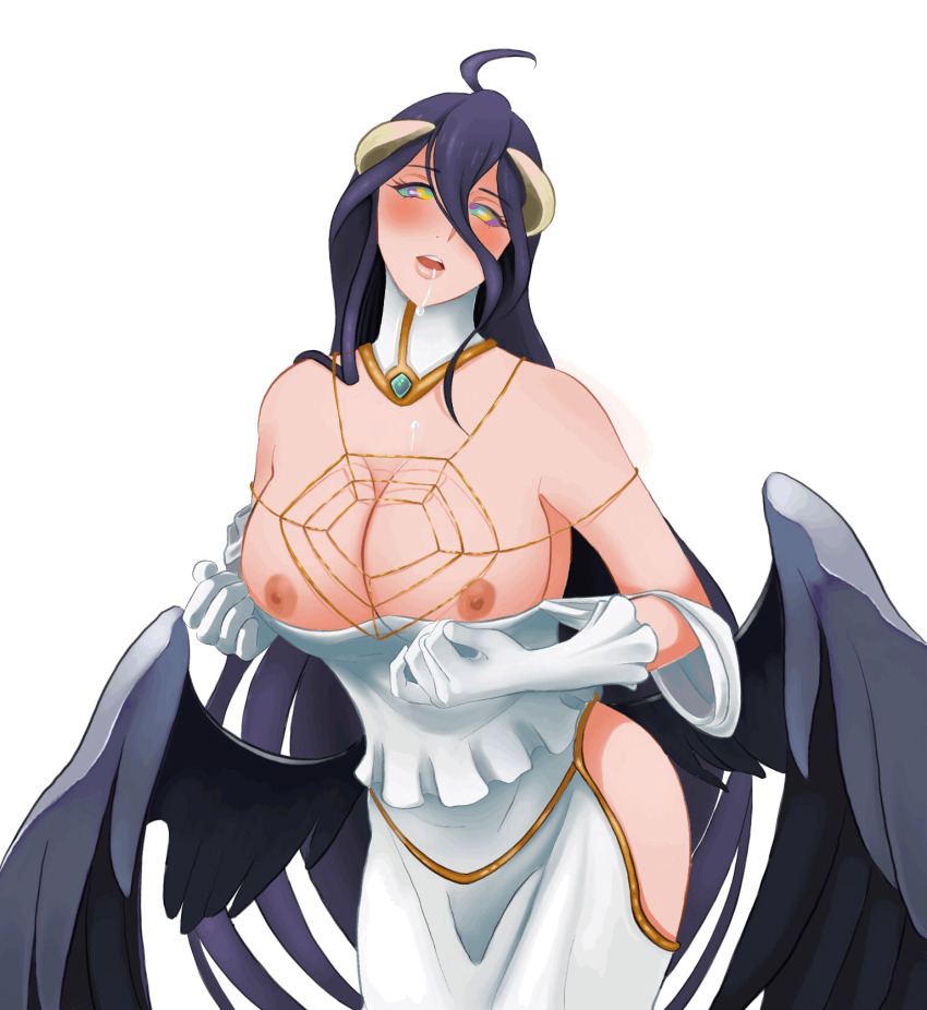 albedo_(overlord) animated animated_gif black_hair blush breasts breasts_outside cleavage clothed_exposure drool expressionless female_only femsub gloves horns kaa_eyes large_breasts open_clothes open_mouth opera_gloves overlord pomegranet solo spiral_eyes succubus symbol_in_eyes topless undressing very_long_hair white_background wings