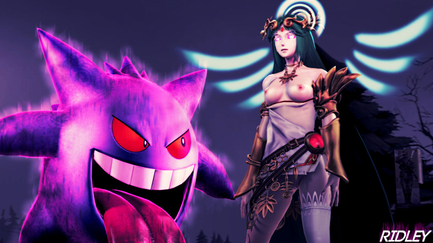3d absurdres bottomless breasts clothed_exposure empty_eyes expressionless femsub gengar ghost glowing glowing_eyes goddess green_hair kid_icarus large_breasts long_hair maledom necklace nintendo palutena pokemon poser ridley_(artist) source_filmmaker super_smash_bros. symbol_in_eyes text topless watermark