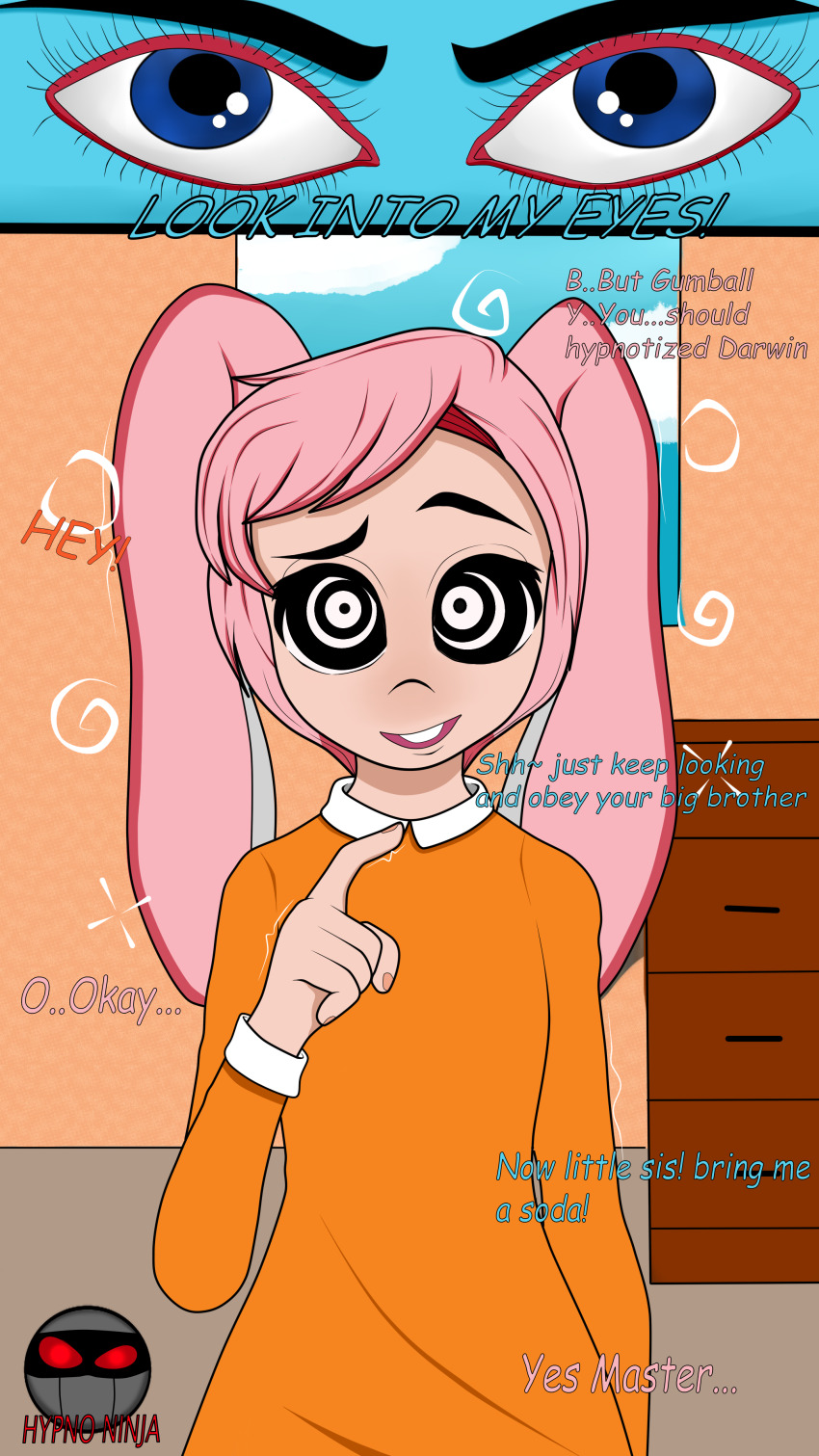 aged_up anais_watterson bunny_ears bunny_girl femsub gumball_watterson happy_trance hypno_ninja hypnotic_eyes pink_hair ring_eyes text the_amazing_world_of_gumball