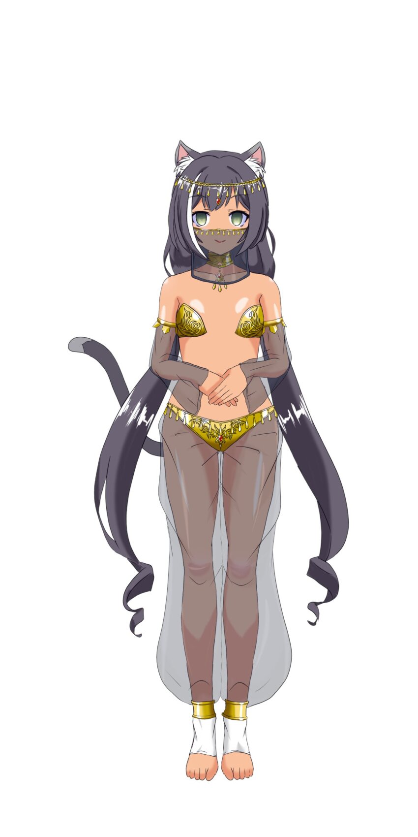arm_bands barefoot black_hair breasts cat_ears cat_girl collar empty_eyes female_only femsub green_eyes happy_trance harem harem_outfit headdress inikanata karyl kokkoro_(princess_connect) large_breasts long_hair midriff multiple_girls pecorine princess_connect! princess_connect!_re_dive see-through small_breasts standing standing_at_attention tan_skin veil white_hair