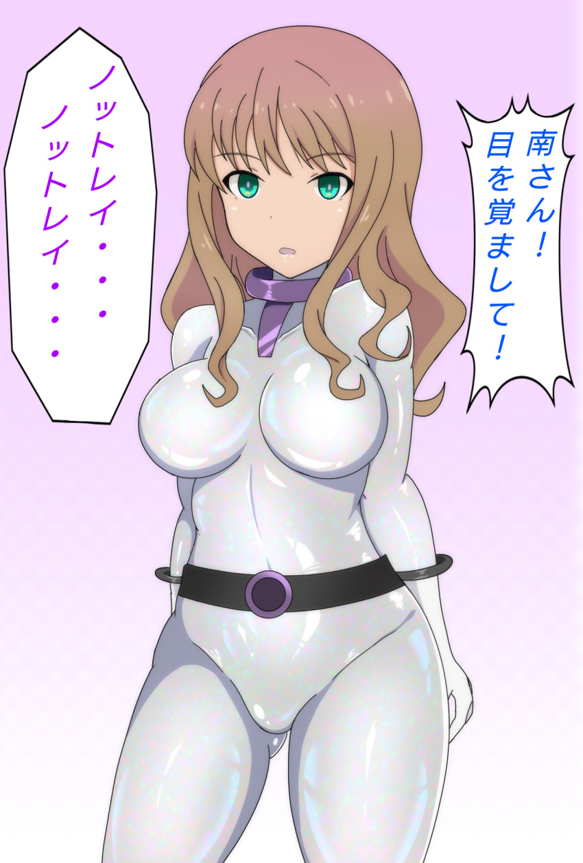 absurdres alice_gear_aegis belt bodysuit breasts brown_hair corruption empty_eyes enemy_conversion expressionless gloves green_eyes huge_breasts long_hair notraider opera_gloves precure simple_background text thighs translation_request vicebossjon yume_minami