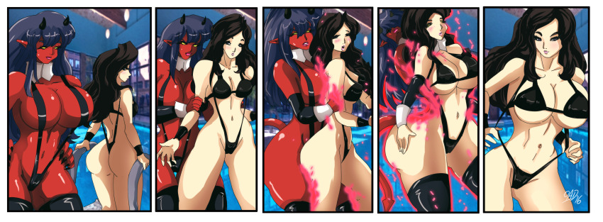 absurdres ass_expansion before_and_after bikini black_hair black_sclera blush breast_expansion breasts brown_hair cleavage clothed_exposure comic corruption demon_girl elf_ears female_only femdom femsub horns huge_ass huge_breasts large_breasts long_hair monster_girl oad-art original possession sling_bikini small_breasts smile tail thighhighs transformation