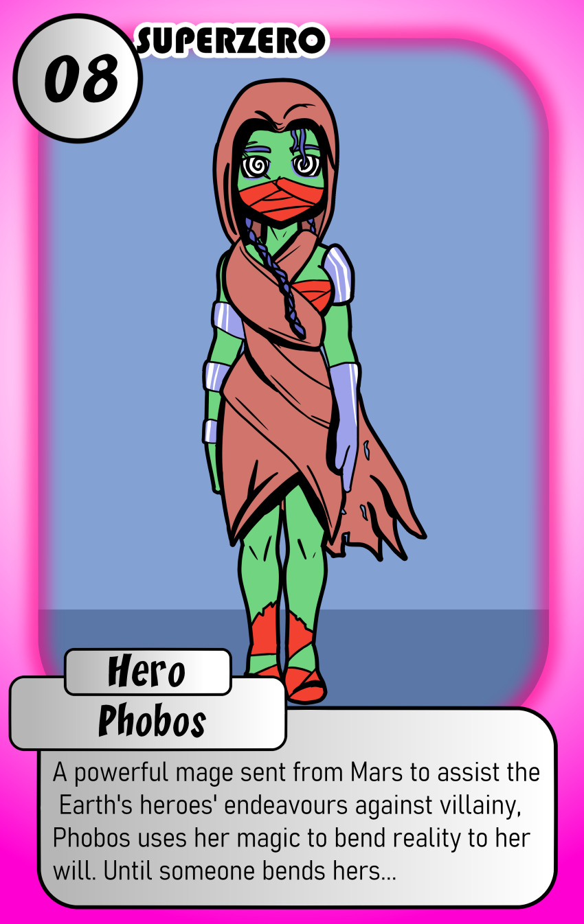 alien alien_girl card cloak femsub green_skin isankura mask mummification original phobos_(isankura) spiral_eyes standing_at_attention super_hero