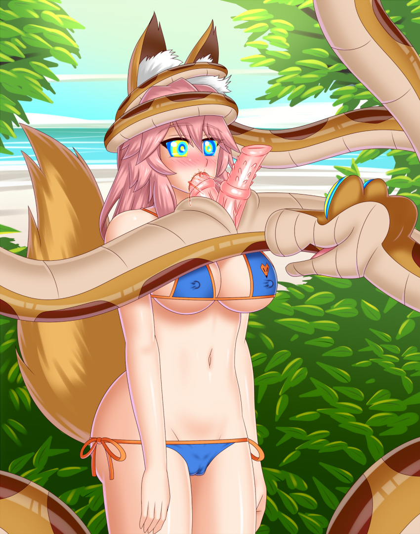 beach bestiality bikini bluebullpen blush breasts caster_(fate/extra) disney double_penis drool erect_nipples fate/grand_order fate_(series) fellatio femsub fox_ears fox_girl fox_tail happy_trance hypnotic_eyes kaa kaa_eyes large_breasts long_hair maledom nipples non-human_penis oral outdoors penis pink_hair snake snake_penis swimsuit tail tamamo_no_mae the_jungle_book