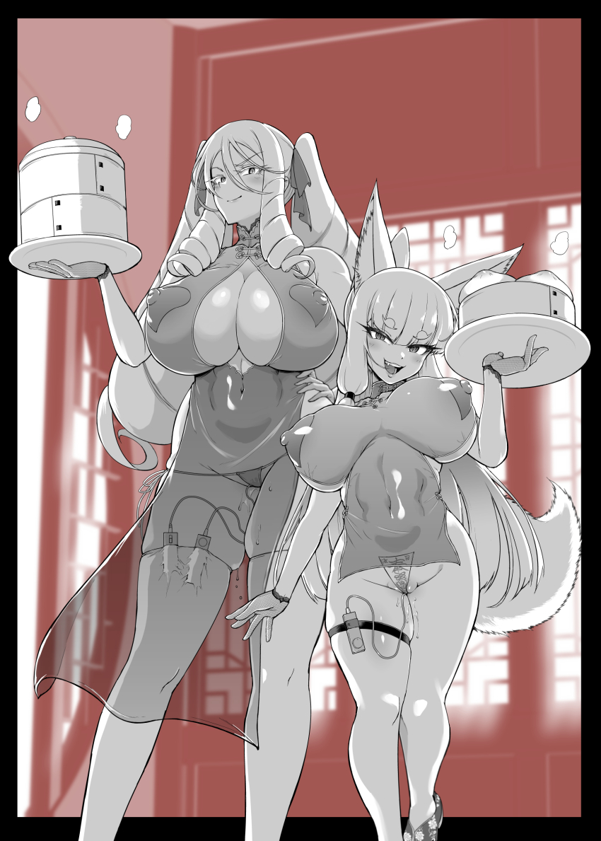 absurdres animal_ears bangs breasts china_dress drill_hair empty_eyes fan_no_hitori fangs female_only femsub fishnets food fox_ears fox_girl garter gloves greyscale hair_ribbon happy_trance heart_pasties huge_breasts jk_exorcism_club kuzunoha_gozen long_hair looking_at_viewer monochrome multiple_girls multiple_subs nanako_von_meinsfelt open_mouth panties pasties pussy_juice see-through smile standing steam tail talisman thick_thighs thighhighs thong tray twintails underwear vibrator waitress