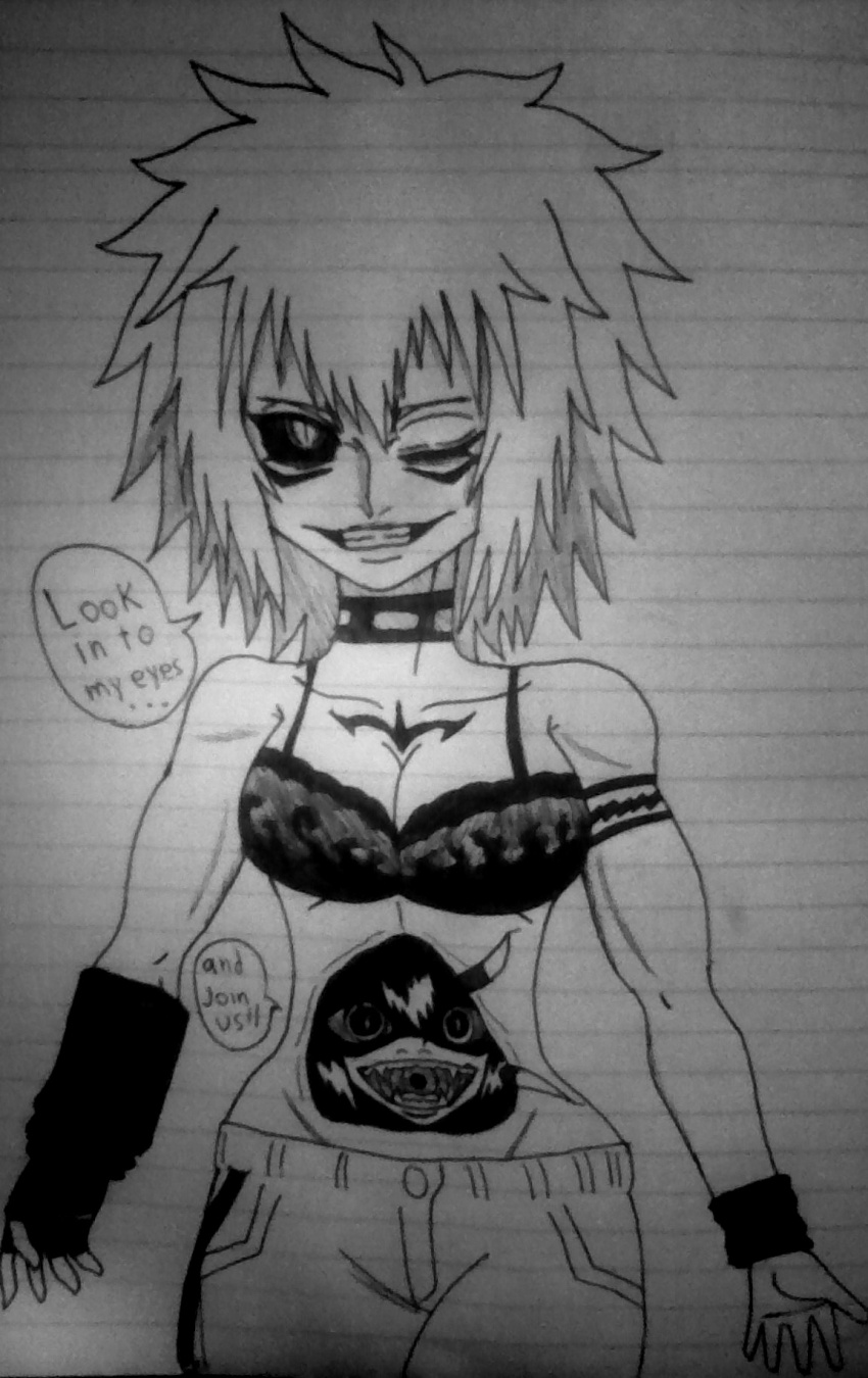 black_sclera bra breasts dani_(doudile) doudile empty_eyes evil_smile female_only femdom femsub large_breasts open_mouth original parasite possession ring_eyes short_hair smile standing tattoo text traditional underwear