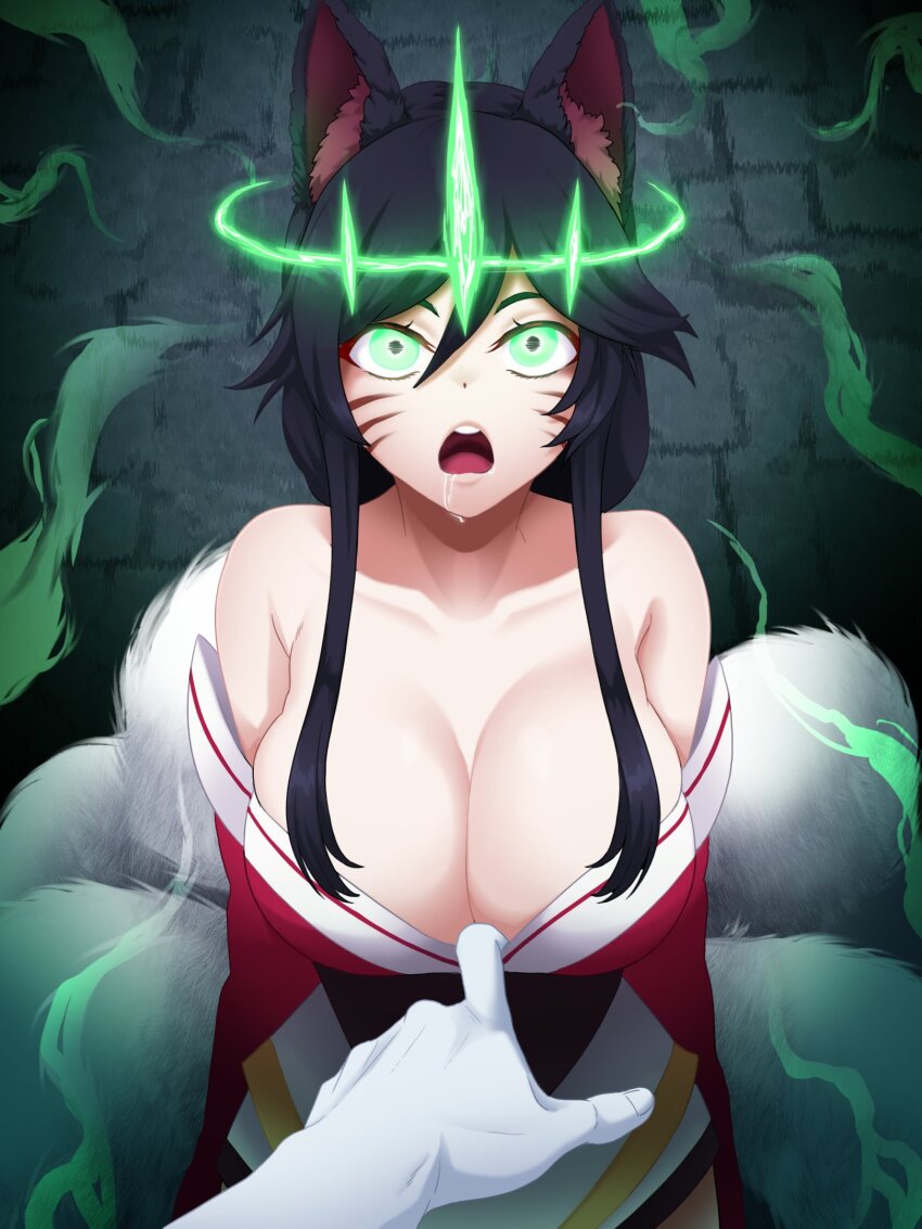 ahri animal_ears black_hair breasts cleavage collarbone control_indicator drool expressionless female_only femsub fox_ears glowing_eyes green_eyes incognigoat large_breasts league_of_legends long_hair multiple_tails open_mouth pov pov_dom robe ruination viego_(league_of_legends)
