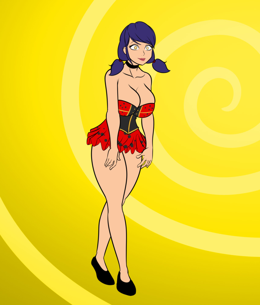 bare_shoulders blue_hair choker cleavage empty_eyes femsub glowing_eyes happy_trance katsiika large_breasts lingerie marinette_dupain-cheng miraculous_ladybug pink_lipstick short_skirt smile twintails western yellow_eyes zombie_walk