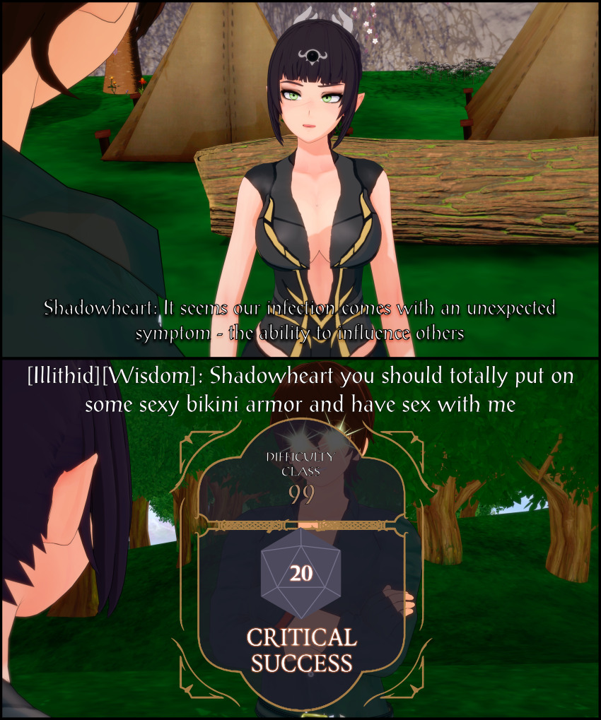 3d absurdres baldur's_gate before_and_after black_hair breasts cleavage clothed dialogue elf_ears english_text femsub gameplay_mechanics glowing glowing_eyes green_eyes hair_ornament koikatsu! maledom open_mouth shadowheart_(baldurs_gate_3) short_hair text thehguy