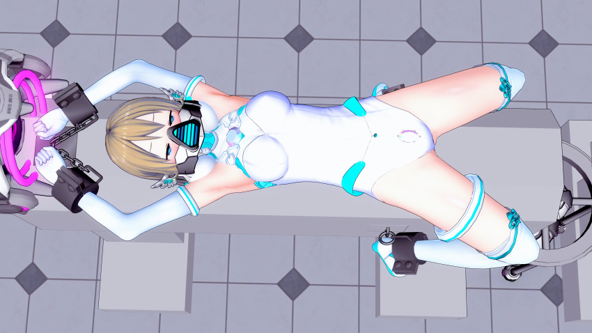 3d arms_above_head blonde_hair blue_eyes blush breasts chains cuffs female_only femsub garter gas_mask gloves heavy_eyelids jewelry koikatsu! koimin4 long_hair looking_at_viewer magical_girl naomi_(koimin4) on_back opera_gloves original restrained shoes sleepy solo spread_legs thighhighs