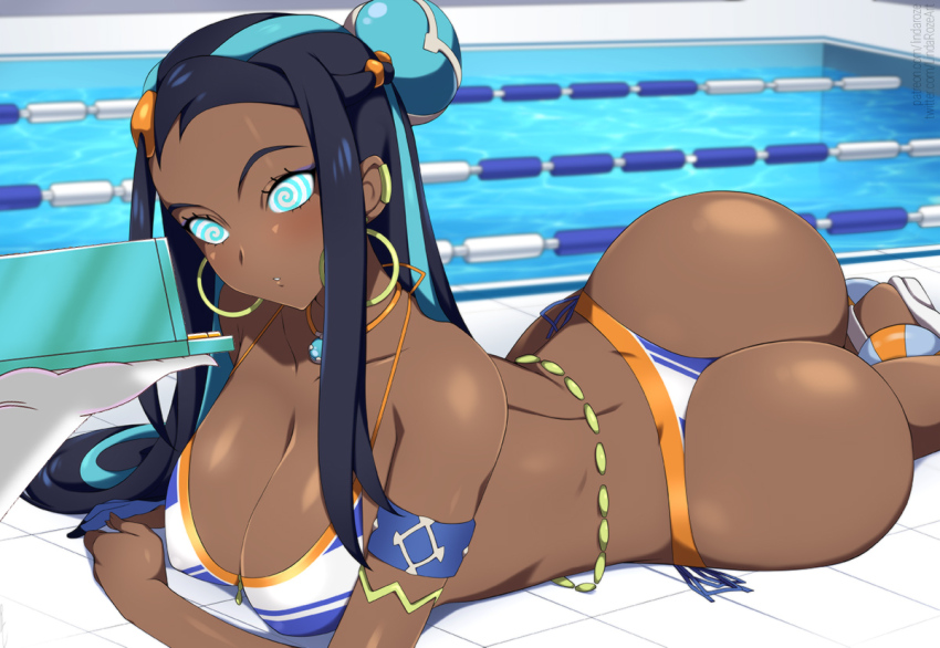 arm_bands ass bikini_bottom bikini_top blue_eyes blush breasts cell_phone cleavage dark_skin earrings expressionless femsub glowing_eyes hair_ornament huge_ass huge_breasts hypnotic_screen jewelry lindaroze long_hair lying manip misterman4_(manipper) multicolored_hair necklace nessa_(pokemon) nintendo pokemon pokemon_sword_and_shield pool sandals spiral_eyes swimsuit symbol_in_eyes tagme tech_control water