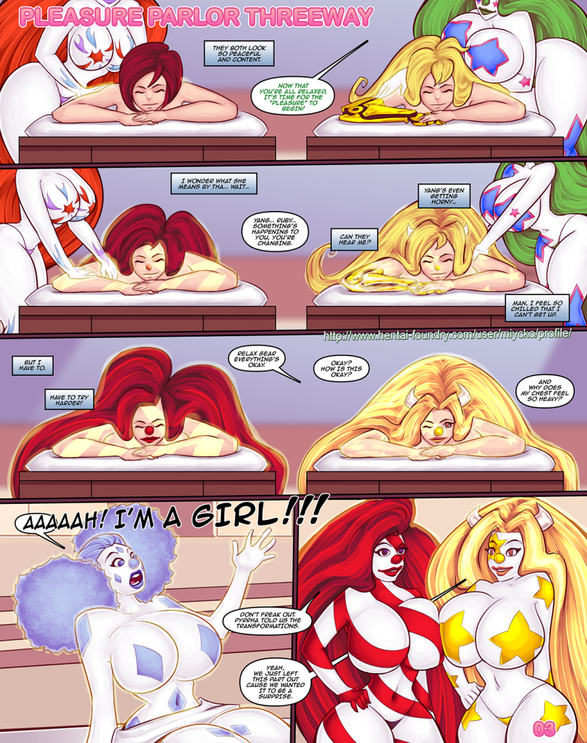 bottomless breasts clown clown_girl comic female_only femdom femsub happy_trance large_breasts long_hair makeup miycko ruby_rose smile text topless yang_xiao_long