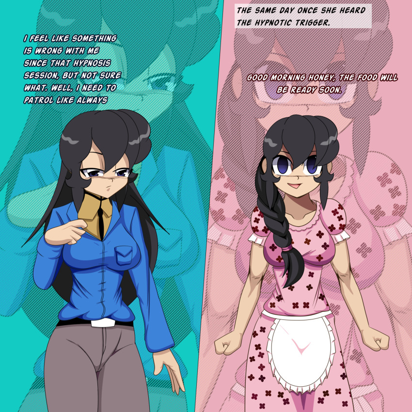 apron before_and_after black_hair dress empty_eyes femsub happy_trance housewife idpet lara_(idpet) original stepfordization text trigger