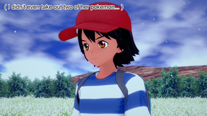 ash_ketchum aware backpack black_hair clothed dialogue male_only mustardsauce orange_eyes outdoors pokemon pokemon_(anime) solo text