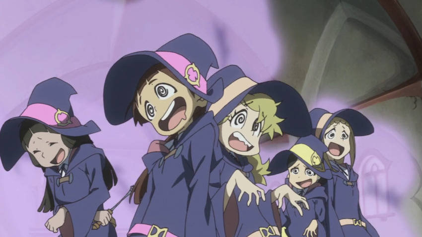 black_hair blonde_hair brown_hair drool female_only femsub happy_trance hat hypnotic_gas laughing little_witch_academia long_hair magic multiple_girls multiple_subs open_mouth potion screenshot smile spiral_eyes symbol_in_eyes witch_hat